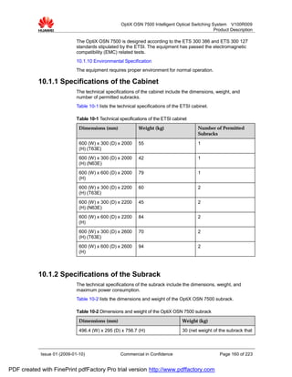OptiX OSN 7500 Intelligent Optical Switching System V100R009
                                                                                                 Product Description

                             The OptiX OSN 7500 is designed according to the ETS 300 386 and ETS 300 127
                             standards stipulated by the ETSI. The equipment has passed the electromagnetic
                             compatibility (EMC) related tests.
                             10.1.10 Environmental Specification
                             The equipment requires proper environment for normal operation.

           10.1.1 Specifications of the Cabinet
                             The technical specifications of the cabinet include the dimensions, weight, and
                             number of permitted subracks.
                             Table 10-1 lists the technical specifications of the ETSI cabinet.

                             Table 10-1 Technical specifications of the ETSI cabinet
                              Dimensions (mm)               Weight (kg)                   Number of Permitted
                                                                                          Subracks

                              600 (W) x 300 (D) x 2000      55                            1
                              (H) (T63E)
                              600 (W) x 300 (D) x 2000      42                            1
                              (H) (N63E)
                              600 (W) x 600 (D) x 2000      79                            1
                              (H)
                              600 (W) x 300 (D) x 2200      60                            2
                              (H) (T63E)
                              600 (W) x 300 (D) x 2200      45                            2
                              (H) (N63E)
                              600 (W) x 600 (D) x 2200      84                            2
                              (H)
                              600 (W) x 300 (D) x 2600      70                            2
                              (H) (T63E)
                              600 (W) x 600 (D) x 2600      94                            2
                              (H)



           10.1.2 Specifications of the Subrack
                             The technical specifications of the subrack include the dimensions, weight, and
                             maximum power consumption.
                             Table 10-2 lists the dimensions and weight of the OptiX OSN 7500 subrack.

                             Table 10-2 Dimensions and weight of the OptiX OSN 7500 subrack
                              Dimensions (mm)                                     Weight (kg)

                              496.4 (W) x 295 (D) x 756.7 (H)                     30 (net weight of the subrack that



            Issue 01 (2009-01-10)                  Commercial in Confidence                         Page 160 of 223


PDF created with FinePrint pdfFactory Pro trial version http://www.pdffactory.com
 