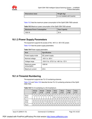 OptiX OSN 7500 Intelligent Optical Switching System V100R009
                                                                                                Product Description


                              Dimensions (mm)                                     Weight (kg)
                                                                                  is not installed with boards)



                             Table 10-3 lists the maximum power consumption of the OptiX OSN 7500 subrack.

                             Table 10-3 Maximum power consumption of the OptiX OSN 7500 subrack
                              Maximum Power Consumption                           Fuse Capacity

                              1000 W                                              32 A



           10.1.3 Power Supply Parameters
                             The equipment supports the access of the –48 V or –60 V DC power.
                             Table 10-4 lists the power supply parameters.

                             Table 10-4 Power supply parameters
                              Item                      Specification

                              Power supply mode         DC power supply
                              Nominal voltage           –48 V or –60 V
                              Voltage range             –38.4 V to –57.6 V or –48 V to –72 V
                              Maximum power             1000 W
                              consumption
                              Maximum current           25 A



           10.1.4 Timeslot Numbering
                             The equipment supports two TU-12 numbering schemes.
                             Table 10-5 and Table 10-6 describe the two TU-12 numbering schemes of the OptiX
                             OSN 7500.

                             Table 10-5 TU-12 numbering in a VC-4 (scheme I)
                                          TUG2      TUG2       TUG2       TUG          TUG        TUG        TUG
                                          (7-1)     (7-2)      (7-3)      (7-4)        (7-5)      (7-6)      (7-7)

                              TU-3        1 2 3 4 5 6 7 8 9 1 1 1 1 1 1 1 1 1 1 2 2
                              (3-1)                         0 1 2 3 4 5 6 7 8 9 0 1
                              TU-3        2 2 2 2 2 2 2 2 3 3 3 3 3 3 3 3 3 3 4 4 4
                              (3-2)       2 3 4 5 6 7 8 9 0 1 2 3 4 5 6 7 8 9 0 1 2
                              TU-3        4 4 4 4 4 4 4 5 5 5 5 5 5 5 5 5 5 6 6 6 6



            Issue 01 (2009-01-10)                 Commercial in Confidence                           Page 161 of 223


PDF created with FinePrint pdfFactory Pro trial version http://www.pdffactory.com
 