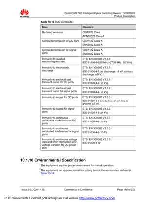 OptiX OSN 7500 Intelligent Optical Switching System V100R009
                                                                                                 Product Description

                             Table 10-13 EMC test results
                              Item                                 Standard

                              Radiated emission                    CISPR22 Class
                                                                   AEN55022 Class A
                              Conducted emission for DC ports      CISPR22 Class A
                                                                   EN55022 Class A
                              Conducted emission for signal        CISPR22 Class A
                              ports                                EN55022 Class A
                              Immunity to radiated                 ETSI EN 300 386 V1.3.3
                              electromagnetic field                IEC 61000-4-3(80 MHz–2700 MHz: 10 V/m)
                              Immunity to electrostatic            ETSI EN 300 386 V1.3.3
                              discharge                            IEC 61000-4-2 (air discharge: ±8 kV; contact
                                                                   discharge: ±6 kV)
                              Immunity to electrical fast          ETSI EN 300 386 V1.3.3
                              transient bursts for DC ports        IEC 61000-4-4 (±1 kV)
                              Immunity to electrical fast          ETSI EN 300 386 V1.3.2
                              transient bursts for signal ports    IEC 61000-4-4 (±1 kV)
                              Immunity to surges for DC ports      ETSI EN 300 386 V1.3.3
                                                                   IEC 61000-4-5 (line to line: ±1 kV, line to
                                                                   ground: ±2 kV)
                              Immunity to surges for signal        ETSI EN 300 386 V1.3.3
                              ports                                IEC 61000-4-5 (±1 kV)
                              Immunity to continuous               ETSI EN 300 386 V1.3.3
                              conducted interference for DC        IEC 61000-4-6 (10 V)
                              ports
                              Immunity to continuous               ETSI EN 300 386 V1.3.3
                              conducted interference for signal    IEC 61000-4-6 (10 V)
                              ports
                              Immunity to continuous voltage       ETSI EN 300 386 V1.3.3
                              dips and short interruption and      IEC 61000-4-29
                              voltage variation for DC power
                              port



           10.1.10 Environmental Specification
                             The equipment requires proper environment for normal operation.
                             The equipment can operate normally in a long term in the environment defined in
                             Table 10-14.




            Issue 01 (2009-01-10)                  Commercial in Confidence                        Page 166 of 223


PDF created with FinePrint pdfFactory Pro trial version http://www.pdffactory.com
 