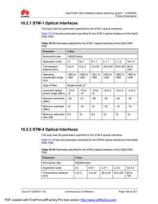 OptiX OSN 7500 Intelligent Optical Switching System V100R009
                                                                                                   Product Description


           10.2.1 STM-1 Optical Interfaces
                             This topic lists the parameters specified for the STM-1 optical interfaces.
                             Table 10-15 lists the parameters specified for the STM-1 optical interfaces of the OptiX
                             OSN 7500.

                             Table 10-15 Parameters specified for the STM-1 optical interfaces of the OptiX OSN
                             7500
                              Parameter               Value

                              Nominal bit rate        155520 kbit/s
                              Application code        I-1            Ie-1        S-1.1      L-1.1       L-1.2       Ve-1.2
                              Transmission            0 to 2         0 to 2      2 to 20    20 to 60    60 to 80 80 to
                              distance (km)                                                                      100
                              Operating               1260 to        1260 to     1261 to    1263 to     1480 to     1480 to
                              wavelength range        1360           1360        1360       1360        1580        1580
                              (nm)
                              Type of fiber           Single-mode LC
                              Launched optical        –15 to         –19 to      –15 to     –5 to 0     –5 to 0     –3 to 0
                              power range (dBm)       –8             –14         –8
                              Receiver sensitivity    –23            –31         –28        –34         –34         –34
                              (dBm)
                              Minimum overload        –8             –14         –8         –10         –10         –10
                              (dBm)
                              Minimum extinction      8.2            10          8.2        10          10          10
                              ratio (dB)



           10.2.2 STM-4 Optical Interfaces
                             This topic lists the parameters specified for the STM-4 optical interfaces.
                             Table 10-16 lists the parameters specified for the STM-4 optical interfaces of the OptiX
                             OSN 7500.

                             Table 10-16 Parameters specified for the STM-4 optical interfaces of the OptiX OSN
                             7500
                              Parameter                        Value

                              Nominal bit rate                 622080 kbit/s
                              Application code                 I-4             S-4.1       L-4.1       L-4.2       Ve-4.2
                              Transmission distance            0 to 2          2 to 20     20 to 50    50 to 80    80 to
                              (km)                                                                                 100




            Issue 01 (2009-01-10)                    Commercial in Confidence                                Page 168 of 223


PDF created with FinePrint pdfFactory Pro trial version http://www.pdffactory.com
 