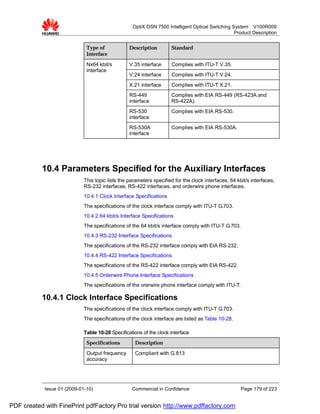 OptiX OSN 7500 Intelligent Optical Switching System V100R009
                                                                                                 Product Description


                              Type of             Description        Standard
                              Interface
                              Nx64 kbit/s         V.35 interface     Complies with ITU-T V.35.
                              interface
                                                  V.24 interface     Complies with ITU-T V.24.
                                                  X.21 interface     Complies with ITU-T X.21.
                                                  RS-449             Complies with EIA RS-449 (RS-423A and
                                                  interface          RS-422A).
                                                  RS-530             Complies with EIA RS-530.
                                                  interface
                                                  RS-530A            Complies with EIA RS-530A.
                                                  interface




           10.4 Parameters Specified for the Auxiliary Interfaces
                             This topic lists the parameters specified for the clock interfaces, 64 kbit/s interfaces,
                             RS-232 interfaces, RS-422 interfaces, and orderwire phone interfaces.
                             10.4.1 Clock Interface Specifications
                             The specifications of the clock interface comply with ITU-T G.703.
                             10.4.2 64 kbit/s Interface Specifications
                             The specifications of the 64 kbit/s interface comply with ITU-T G.703.
                             10.4.3 RS-232 Interface Specifications
                             The specifications of the RS-232 interface comply with EIA RS-232.
                             10.4.4 RS-422 Interface Specifications
                             The specifications of the RS-422 interface comply with EIA RS-422.
                             10.4.5 Orderwire Phone Interface Specifications
                             The specifications of the orerwire phone interface comply with ITU-T.

           10.4.1 Clock Interface Specifications
                             The specifications of the clock interface comply with ITU-T G.703.
                             The specifications of the clock interface are listed as Table 10-28.

                             Table 10-28 Specifications of the clock interface
                              Specifications        Description
                              Output frequency      Compliant with G.813
                              accuracy




            Issue 01 (2009-01-10)                  Commercial in Confidence                           Page 179 of 223


PDF created with FinePrint pdfFactory Pro trial version http://www.pdffactory.com
 