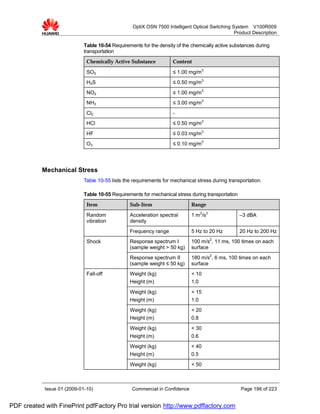 OptiX OSN 7500 Intelligent Optical Switching System V100R009
                                                                                                Product Description

                             Table 10-54 Requirements for the density of the chemically active substances during
                             transportation
                              Chemically Active Substance           Content

                              SO2                                   ≤ 1.00 mg/m3
                              H2S                                   ≤ 0.50 mg/m3
                              NO2                                   ≤ 1.00 mg/m3
                              NH3                                   ≤ 3.00 mg/m3
                              Cl2                                   -
                              HCl                                   ≤ 0.50 mg/m3
                              HF                                    ≤ 0.03 mg/m3
                              O3                                    ≤ 0.10 mg/m3




           Mechanical Stress
                             Table 10-55 lists the requirements for mechanical stress during transportation.

                             Table 10-55 Requirements for mechanical stress during transportation
                              Item               Sub-Item                    Range
                              Random             Acceleration spectral       1 m2/s3                –3 dBA
                              vibration          density
                                                 Frequency range             5 Hz to 20 Hz          20 Hz to 200 Hz
                              Shock              Response spectrum I         100 m/s2, 11 ms, 100 times on each
                                                 (sample weight > 50 kg)     surface
                                                 Response spectrum II        180 m/s2, 6 ms, 100 times on each
                                                 (sample weight ≤ 50 kg)     surface
                              Fall-off           Weight (kg)                 < 10
                                                 Height (m)                  1.0
                                                 Weight (kg)                 < 15
                                                 Height (m)                  1.0
                                                 Weight (kg)                 < 20
                                                 Height (m)                  0.8
                                                 Weight (kg)                 < 30
                                                 Height (m)                  0.6
                                                 Weight (kg)                 < 40
                                                 Height (m)                  0.5
                                                 Weight (kg)                 < 50



            Issue 01 (2009-01-10)                 Commercial in Confidence                          Page 196 of 223


PDF created with FinePrint pdfFactory Pro trial version http://www.pdffactory.com
 