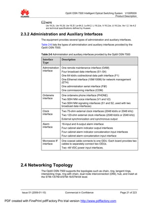 OptiX OSN 7500 Intelligent Optical Switching System V100R009
                                                                                                      Product Description


                                    Ue-16.2c, Ue-16.2d, Ue-16.2f, Le-64.2, Ls-64.2, L-16.2Je, V-16.2Je, U-16.2Je, Ve-1.2, Ve-4.2
                                    are technical specifications defined by Huawei.

           2.3.2 Administration and Auxiliary Interfaces
                             The equipment provides several types of administration and auxiliary interfaces.
                             Table 2-6 lists the types of administration and auxiliary interfaces provided by the
                             OptiX OSN 7500.

                             Table 2-6 Administration and auxiliary interfaces provided by the OptiX OSN 7500
                              Interface             Description
                              Type

                              Administration        One remote maintenance interface (OAM)
                              interface             Four broadcast data interfaces (S1–S4)
                                                    One 64 kbit/s codirectional data path interface (F1)
                                                    One Ethernet interface (10M/100M) for network management
                                                    (ETH)
                                                    One administration serial interface (F&f)
                                                    One commissioning interface (COM)
                              Orderwire             One orderwire phone interface (PHONE)
                              interface             Two SDH NNI voice interfaces (V1 and V2)
                                                    Two SDH NNI signaling interfaces (S1 and S2, used with two
                                                    broadcast data interfaces)
                              Clock                 Two 75-ohm external clock interfaces (2048 kbit/s or 2048 kHz)
                              interface             Two 120-ohm external clock interfaces (2048 kbit/s or 2048 kHz)
                                                    External synchronization and synchronous output
                              Alarm                 16-input and 4-output alarm interface
                              interface             Four cabinet alarm indicator output interfaces
                                                    Four cabinet alarm indicator concatenation input interfaces
                                                    Four cabinet alarm concatenation input interface
                              Microwave IF          One coaxial cable connects to one ODU. Each board provides two
                              interface             cables to separately connect two ODUs.
                                                    Two -48 VDC power input interfaces.




           2.4 Networking Topology
                             The OptiX OSN 7500 supports the topologies such as chain, ring, tangent rings,
                             intersecting rings, ring with chain, dual node interconnection (DNI), hub, and mesh at
                             the STM-1/STM-4/STM-16/STM-64 level.




            Issue 01 (2009-01-10)                      Commercial in Confidence                                Page 21 of 223


PDF created with FinePrint pdfFactory Pro trial version http://www.pdffactory.com
 