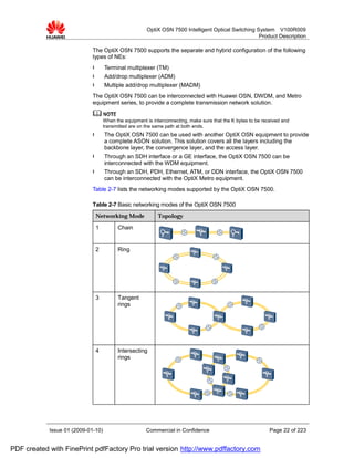 OptiX OSN 7500 Intelligent Optical Switching System V100R009
                                                                                                     Product Description

                             The OptiX OSN 7500 supports the separate and hybrid configuration of the following
                             types of NEs:
                             l      Terminal multiplexer (TM)
                             l      Add/drop multiplexer (ADM)
                             l      Multiple add/drop multiplexer (MADM)
                             The OptiX OSN 7500 can be interconnected with Huawei OSN, DWDM, and Metro
                             equipment series, to provide a complete transmission network solution.


                                    When the equipment is interconnecting, make sure that the K bytes to be received and
                                    transmitted are on the same path at both ends.
                             l      The OptiX OSN 7500 can be used with another OptiX OSN equipment to provide
                                    a complete ASON solution. This solution covers all the layers including the
                                    backbone layer, the convergence layer, and the access layer.
                             l      Through an SDH interface or a GE interface, the OptiX OSN 7500 can be
                                    interconnected with the WDM equipment.
                             l      Through an SDH, PDH, Ethernet, ATM, or DDN interface, the OptiX OSN 7500
                                    can be interconnected with the OptiX Metro equipment.
                             Table 2-7 lists the networking modes supported by the OptiX OSN 7500.

                             Table 2-7 Basic networking modes of the OptiX OSN 7500
                              Networking Mode               Topology

                              1           Chain


                              2           Ring




                              3           Tangent
                                          rings




                              4           Intersecting
                                          rings




            Issue 01 (2009-01-10)                      Commercial in Confidence                                Page 22 of 223


PDF created with FinePrint pdfFactory Pro trial version http://www.pdffactory.com
 