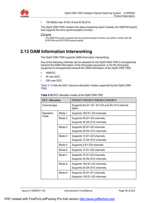 OptiX OSN 7500 Intelligent Optical Switching System V100R009
                                                                                                     Product Description

                             l      155 Mbit/s rate: N1SL1A and N1SLQ1A.
                             The OptiX OSN 7500 contains the data processing board (namely, the N5EFS0 board)
                             that supports the time synchronization function.


                                    The N5EFS0 boards supports the time synchronization function only when it works with the
                                    N1EFF8A and N1ETF8A access boards.




           2.13 OAM Information Interworking
                             The OptiX OSN 7500 supports OAM information interworking.
                             Any of the following methods can be adopted for the OptiX OSN 7500 to transparently
                             transmit the OAM information of the third-party equipment, or for the third-party
                             equipment to transparently transmit the OAM information of the OptiX OSN 7500.
                             l      HWECC
                             l      IP over DCC
                             l      OSI over DCC
                             Table 2-12 lists the DCC resource allocation modes supported by the OptiX OSN
                             7500.

                             Table 2-12 DCC allocation modes of the OptiX OSN 7500
                              DCC Allocation                  N2GSCC/N3GSCC/N4GSCC/N5GSCC
                              Channel type                    Supports the D1–D1, D1–D3 and D4–D12 channel
                                                              types.
                              Operation          Mode 1        Supports 160 D1–D3 channels.
                              mode
                                                 Mode 2        Supports 40 D1–D3 channels.
                                                              Supports 40 D4–D12 channels.
                                                 Mode 3        Supports 26 D1–D3 channels.
                                                              Supports 26 D4–D12 channels.
                                                 Mode 4        Supports 12 D1–D3 channels.
                                                              Supports 12 D4–D12 channels.
                                                 Mode 5        Supports 8 D1–D3 channels.
                                                 Mode 6        Supports 10 D1–D3 channels.
                                                 Mode 7        Supports 70 D1–D3 channels.
                                                              Supports 30 D4–D12 channels.
                                                 Mode 8        Supports 100 D1–D3 channels.
                                                              Supports 20 D4–D12 channels.
                                                 Mode 9        Supports 30 D1–D1 channels.
                                                              Supports 150 D1–D3 channels.




            Issue 01 (2009-01-10)                      Commercial in Confidence                               Page 30 of 223


PDF created with FinePrint pdfFactory Pro trial version http://www.pdffactory.com
 