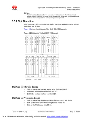OptiX OSN 7500 Intelligent Optical Switching System V100R009
                                                                                                                                Product Description


                                      The interface board is also called the access board or transit board. The interface board
                                      provides physical interfaces for optical signals and electrical signals, and transmits the optical
                                      signals or electrical signals to the corresponding processing board.


           3.3.2 Slot Allocation
                             The OptiX OSN 7500 subrack has two layers. The upper layer has 20 slots and the
                             lower layer has 18 slots.
                             Figure 3-9 shows the slot layout of the OptiX OSN 7500 subrack.

                             Figure 3-5 Slot layout of the OptiX OSN 7500 subrack

                                 S L S LS LS       LS   SL
                                                         S                    S    S        S   S         S   S SLOT S                 S   S     S   S
                                 L L OL OL         OL   LO
                                                         L                    L    L        L   L         L   L      L                 L   L     L   L
                                                                                                                 32
                                 O T O T O TO      TO   OTO                   O    O        O   O         O   O      O                 O   O     O   O




                                                                                                                      PIU(A)
                                 T T 1 T 1T        1T   T1T                   T    T        T   T         T   T      T                 T   T     T   T
                                 1 4 2 52 62       72   28
                                                         2                    2    2        2   2         3   3      3                 3   3     3   3
                                 9 0 1 2            3 4 5                     6    7        8   9         0   1      4                 5   6     7   8
                                                                                                                  SLOT
                                                   S     S
                                                                                                                      33
                                                         GSCC(A)
                                                                    GSCC(B)




                                                                                                                      PIU(B)
                                                   C     C
                                                   EOW




                                                                                                                               AUX


                                                                   Fiber            routing

                                  SLOT 39          FAN                        SLOT 40           FAN                    SLOT 41             FAN

                                 S    S   S    S    S    S          S          S    S            S            S   S      S     S      S    S     S   S
                                 L    L   L    L    L    L          L          L    L            L            L   L      L     L      L    L     L   L
                                 O    O   O    O    O    O          O          O    O            O            O   O      O     O      O    O     O   O
                                 T    T   T    T    T    T          T          T    T            T            T   T      T     T      T    T     T   T
                                 1    2   3    4    5    6          7          8    9            1            1   1      1     1      1    1     1   1
                                                                                                 0            1   2      3     4      5    6     7   8
                                                                                       XCS(A)


                                                                                                 XCS(B)




                                       Fiber   routing                                                                Fiber          routing


                                     (A): Active              (B): S tandby




           Slot Area for Interface Boards
                             l        Slots for the service interface boards: slots 19–22 and 35–38.
                             l        Slot for the orderwire interface board: slot 23.
                             l        Slot for the auxiliary interface board: slot 34.

           Slot Area for Processing Boards
                             l        Slots for the service processing boards: slots 1–8, 11–18 and 26–31.
                             l        Slots for the cross-connect and timing boards: slots 9–10.
                             l        Slots for the PIU boards: slots 32–33.



            Issue 01 (2009-01-10)                                              Commercial in Confidence                                                  Page 42 of 223


PDF created with FinePrint pdfFactory Pro trial version http://www.pdffactory.com
 