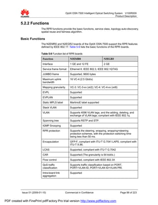 OptiX OSN 7500 Intelligent Optical Switching System V100R009
                                                                                                  Product Description


           5.2.2 Functions
                             The RPR functions provide the basic functions, service class, topology auto-discovery,
                             spatial reuse and fairness algorithm.

           Basic Functions
                             The N2EMR0 and N2EGR2 boards of the OptiX OSN 7500 support the RPR features
                             defined by IEEE 802.17. Table 5-9 lists the basic functions of the RPR boards.

                             Table 5-9 Function list of RPR boards
                              Function                  N2EMR0                        N2EGR2
                              Interface                 1 GE and 12 FE                2 GE
                              Service frame format      Ethernet II, IEEE 802.3, IEEE 802.1QTAG
                              JUMBO frame               Supported, 9600 bytes
                              Maximum uplink            16 VC-4 (2.5 Gbit/s)
                              bandwidth
                              Mapping granularity       VC-3: VC-3-xv (x≤2); VC-4: VC-4-xv (x≤8)
                              EVPL                      Supported
                              EVPLAN                    Supported
                              Static MPLS label         MartinioE label supported
                              Stack VLAN                Supported
                              VLAN                      Supports 4096 VLAN tags, and the adding, deleting, and
                                                        exchange of VLAN tags; compliant with IEEE 802.1q.
                              Spanning tree             Supports RSTP and STP.
                              IGMP Snooping             Supported
                              RPR protection            Supports the steering, wrapping, wrapping+steering
                                                        protection schemes, with the protection switching time
                                                        being less than 50 ms.
                              Encapsulation             GFP-F, compliant with ITU-T G.7041.LAPS, compliant with
                                                        ITU-T X.86.
                              LCAS                      Supported, compliant with ITU-T G.7042
                              CAR                       Supported (The granularity is 64 kbit/s.)
                              Flow control              Supported, compliant with IEEE 802.3X
                              QoS traffic               Supports traffic classification based on PORT,
                              classification            PORT+VLAN ID, PORT+VLAN ID+VLAN PRI.
                              Intra-board link          Supported
                              aggregation




            Issue 01 (2009-01-10)                 Commercial in Confidence                            Page 88 of 223


PDF created with FinePrint pdfFactory Pro trial version http://www.pdffactory.com
 