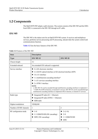 1.2 Components
The OptiX RTN 905 adopts a split structure. The system consists of the IDU 905 and the ODU.
Each ODU is connected to the IDU 905 through an IF cable.
IDU 905
The IDU 905 is the indoor unit for an OptiX RTN 905 system. It receives and multiplexes
services, performs service processing and IF processing, and provides the system control and
communications function.
Table 1-2 lists the basic features of the IDU 905.
Table 1-2 Features of the IDU 905
Item Description
Type IDU 905 1E IDU 905 2E
Chassis height 1U
Extended subcard An extended CES subcard is supported.
Service interface l 4 x GE electronic interface
l 2 x GE/FE optical interface or GE electrical interface (SFP)
l 16 x E1 interface
l 1 x multifunction cascading interfacea
l 1 x E1 services cascading interface
l 2 x STM-1 interface
NOTE
a: IDU 905 1Es can be cascaded through multifunction cascading interfaces to implement 1
+1/XPIC/PLA/EPLA function, or transmit E1 services. IDU 905 2Es can be cascaded through
multifunction cascading interfaces to implement EPLA function, or transmit E1 services.
Radio type l Integrated IP radio (E1 + Ethernet)
l Integrated IP radio (STM-1 + Ethernet)
l SDH radio
Highest modulation 1024QAM
Number of IF/RF channels 1 2
RF configuration mode l 1+0
l 1+1 HSB/FD/SD (NE cascading)
l XPIC (NE cascading)
l 2×(1+0)
l 2+0
l 1+1 HSB/FD/SD
l XPIC
OptiX RTN 905 1E/2E Radio Transmission System
Product Description 1 Introduction
Issue 01 (2013-12-15) Huawei Proprietary and Confidential
Copyright © Huawei Technologies Co., Ltd.
4
 