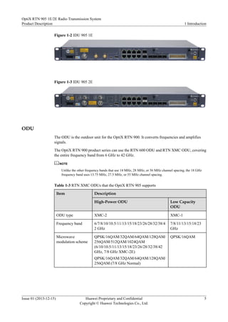 Figure 1-2 IDU 905 1E
Figure 1-3 IDU 905 2E
ODU
The ODU is the outdoor unit for the OptiX RTN 900. It converts frequencies and amplifies
signals.
The OptiX RTN 900 product series can use the RTN 600 ODU and RTN XMC ODU, covering
the entire frequency band from 6 GHz to 42 GHz.
NOTE
Unlike the other frequency bands that use 14 MHz, 28 MHz, or 56 MHz channel spacing, the 18 GHz
frequency band uses 13.75 MHz, 27.5 MHz, or 55 MHz channel spacing.
Table 1-3 RTN XMC ODUs that the OptiX RTN 905 supports
Item Description
High-Power ODU Low Capacity
ODU
ODU type XMC-2 XMC-1
Frequency band 6/7/8/10/10.5/11/13/15/18/23/26/28/32/38/4
2 GHz
7/8/11/13/15/18/23
GHz
Microwave
modulation scheme
QPSK/16QAM/32QAM/64QAM/128QAM/
256QAM/512QAM/1024QAM
(6/10/10.5/11/13/15/18/23/26/28/32/38/42
GHz, 7/8 GHz XMC-2E)
QPSK/16QAM/32QAM/64QAM/128QAM/
256QAM (7/8 GHz Normal)
QPSK/16QAM
OptiX RTN 905 1E/2E Radio Transmission System
Product Description 1 Introduction
Issue 01 (2013-12-15) Huawei Proprietary and Confidential
Copyright © Huawei Technologies Co., Ltd.
5
 