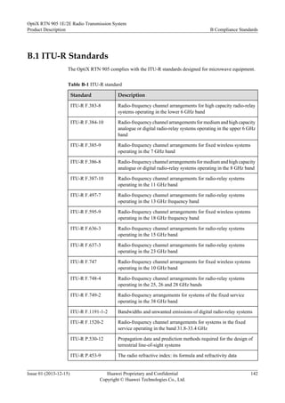 B.1 ITU-R Standards
The OptiX RTN 905 complies with the ITU-R standards designed for microwave equipment.
Table B-1 ITU-R standard
Standard Description
ITU-R F.383-8 Radio-frequency channel arrangements for high capacity radio-relay
systems operating in the lower 6 GHz band
ITU-R F.384-10 Radio-frequency channel arrangements for medium and high capacity
analogue or digital radio-relay systems operating in the upper 6 GHz
band
ITU-R F.385-9 Radio-frequency channel arrangements for fixed wireless systems
operating in the 7 GHz band
ITU-R F.386-8 Radio-frequency channel arrangements for medium and high capacity
analogue or digital radio-relay systems operating in the 8 GHz band
ITU-R F.387-10 Radio-frequency channel arrangements for radio-relay systems
operating in the 11 GHz band
ITU-R F.497-7 Radio-frequency channel arrangements for radio-relay systems
operating in the 13 GHz frequency band
ITU-R F.595-9 Radio-frequency channel arrangements for fixed wireless systems
operating in the 18 GHz frequency band
ITU-R F.636-3 Radio-frequency channel arrangements for radio-relay systems
operating in the 15 GHz band
ITU-R F.637-3 Radio-frequency channel arrangements for radio-relay systems
operating in the 23 GHz band
ITU-R F.747 Radio-frequency channel arrangements for fixed wireless systems
operating in the 10 GHz band
ITU-R F.748-4 Radio-frequency channel arrangements for radio-relay systems
operating in the 25, 26 and 28 GHz bands
ITU-R F.749-2 Radio-frequency arrangements for systems of the fixed service
operating in the 38 GHz band
ITU-R F.1191-1-2 Bandwidths and unwanted emissions of digital radio-relay systems
ITU-R F.1520-2 Radio-frequency channel arrangements for systems in the fixed
service operating in the band 31.8-33.4 GHz
ITU-R P.530-12 Propagation data and prediction methods required for the design of
terrestrial line-of-sight systems
ITU-R P.453-9 The radio refractive index: its formula and refractivity data
OptiX RTN 905 1E/2E Radio Transmission System
Product Description B Compliance Standards
Issue 01 (2013-12-15) Huawei Proprietary and Confidential
Copyright © Huawei Technologies Co., Ltd.
142
 