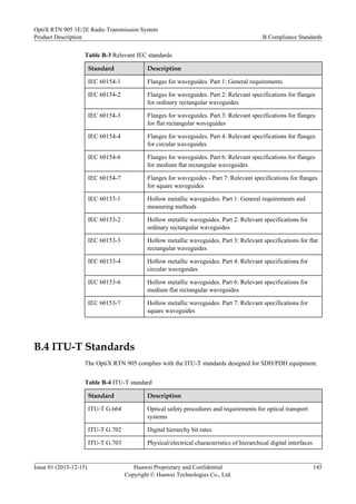Table B-3 Relevant IEC standards
Standard Description
IEC 60154-1 Flanges for waveguides. Part 1: General requirements
IEC 60154-2 Flanges for waveguides. Part 2: Relevant specifications for flanges
for ordinary rectangular waveguides
IEC 60154-3 Flanges for waveguides. Part 3: Relevant specifications for flanges
for flat rectangular waveguides
IEC 60154-4 Flanges for waveguides. Part 4: Relevant specifications for flanges
for circular waveguides
IEC 60154-6 Flanges for waveguides. Part 6: Relevant specifications for flanges
for medium flat rectangular waveguides
IEC 60154-7 Flanges for waveguides - Part 7: Relevant specifications for flanges
for square waveguides
IEC 60153-1 Hollow metallic waveguides. Part 1: General requirements and
measuring methods
IEC 60153-2 Hollow metallic waveguides. Part 2: Relevant specifications for
ordinary rectangular waveguides
IEC 60153-3 Hollow metallic waveguides. Part 3: Relevant specifications for flat
rectangular waveguides
IEC 60153-4 Hollow metallic waveguides. Part 4: Relevant specifications for
circular waveguides
IEC 60153-6 Hollow metallic waveguides. Part 6: Relevant specifications for
medium flat rectangular waveguides
IEC 60153-7 Hollow metallic waveguides. Part 7: Relevant specifications for
square waveguides
B.4 ITU-T Standards
The OptiX RTN 905 complies with the ITU-T standards designed for SDH/PDH equipment.
Table B-4 ITU-T standard
Standard Description
ITU-T G.664 Optical safety procedures and requirements for optical transport
systems
ITU-T G.702 Digital hierarchy bit rates
ITU-T G.703 Physical/electrical characteristics of hierarchical digital interfaces
OptiX RTN 905 1E/2E Radio Transmission System
Product Description B Compliance Standards
Issue 01 (2013-12-15) Huawei Proprietary and Confidential
Copyright © Huawei Technologies Co., Ltd.
145
 