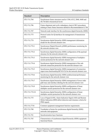 Standard Description
ITU-T G.704 Synchronous frame structures used at 1544, 6312, 2048, 8448 and
44,736 kbit/s hierarchical levels
ITU-T G.706 Frame alignment and cyclic redundancy check (CRC) procedures
relating to basic frame structures defined in Recommendation G.704
ITU-T G.707 Network node interface for the synchronous digital hierarchy (SDH)
ITU-T G.773 Protocol suites for Q-interfaces for management of transmission
systems
ITU-T G.774 Synchronous digital hierarchy (SDH) management information
model for the network element view
ITU-T G.774.1 Synchronous Digital Hierarch y(SDH) performance monitoring for
the network element view
ITU-T G.774.2 Synchronous digital hierarchy (SDH) configuration of the payload
structure for the network element view
ITU-T G.774.3 Synchronous digital hierarchy (SDH) management of multiplex-
section protection for the network element view
ITU-T G.774.4 Synchronous digital hierarchy (SDH) management of the sub-
network connection protection for the network element view
ITU-T G.774.5 Synchronous digital hierarchy (SDH) management of connection
supervision functionality(HCS/LCS) for the network element view
ITU-T G.774.6 Synchronous digital hierarchy (SDH) unidirectional performance
monitoring for the network element view
ITU-T G.774.7 Synchronous digital hierarchy (SDH) management of lower order
path trace and interface labeling for the network element view
ITU-T G.774.9 Synchronous digital hierarchy (SDH) configuration of linear
multiplex section protection for the network element view
ITU-T G.774.10 Synchronous digital hierarchy (SDH) configuration of linear
multiplex section protection for the network element view
ITU-T G.775 Loss of Signal (LOS), Alarm Indication Signal (AIS) and Remote
Defect Indication (RDI) defect detection and clearance criteria for
PDH signals
ITU-T G.7710 Common equipment management function requirements
ITU-T G.780 Vocabulary of terms for synchronous digital hierarchy (SDH)
networks and equipment
ITU-T G.781 Synchronization layer functions
ITU-T G.783 Characteristics of synchronous digital hierarchy (SDH) equipment
functional blocks
OptiX RTN 905 1E/2E Radio Transmission System
Product Description B Compliance Standards
Issue 01 (2013-12-15) Huawei Proprietary and Confidential
Copyright © Huawei Technologies Co., Ltd.
146
 