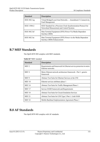 Standard Description
IEEE 802.1ag Virtual Bridged Local Area Networks — Amendment 5: Connectivity
Fault Management
IEEE 1588v2 IEEE Standard for a Precision Clock Synchronization Protocol for
Networked Measurement and Control Systems
IEEE 802.3af Data Terminal Equipment (DTE) Power Via Media Dependent
Interface (MDI)
IEEE 802.3at Data Terminal Equipment (DTE) Power via the Media Dependent
Interface (MDI) Enhancements
B.7 MEF Standards
The OptiX RTN 905 complies with MEF standards.
Table B-7 MEF standard
Standard Description
MEF 2 Requirements and framework for Ethernet service protection in metro
Ethernet networks
MEF 4 Metro Ethernet network architecture framework - Part 1: generic
framework
MEF 9 Abstract Test Suite for Ethernet Services at the UNI
MEF 10 Ethernet services attributes phase 1
MEF 14 Abstract Test Suite for Traffic Management Phase 1
MEF 17 Service OAM Framework and Requirements
MEF 18 Abstract Test Suite for Circuit Emulation Services
MEF 21 Abstract Test Suite for UNI Type 2 Part 1: Link OAM
MEF 22 Mobile Backhaul Implementation Agreement Phase 1
B.8 AF Standards
The OptiX RTN 905 complies with AF standards.
OptiX RTN 905 1E/2E Radio Transmission System
Product Description B Compliance Standards
Issue 01 (2013-12-15) Huawei Proprietary and Confidential
Copyright © Huawei Technologies Co., Ltd.
152
 