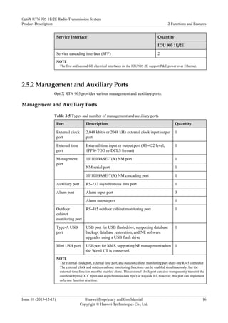 Service Interface Quantity
IDU 905 1E/2E
Service cascading interface (SFP) 2
NOTE
The first and second GE electrical interfaces on the IDU 905 2E support P&E power over Ethernet.
2.5.2 Management and Auxiliary Ports
OptiX RTN 905 provides various management and auxiliary ports.
Management and Auxiliary Ports
Table 2-5 Types and number of management and auxiliary ports
Port Description Quantity
External clock
port
2,048 kbit/s or 2048 kHz external clock input/output
port
1
External time
port
External time input or output port (RS-422 level,
1PPS+TOD or DCLS format)
1
Management
port
10/100BASE-T(X) NM port 1
NM serial port 1
10/100BASE-T(X) NM cascading port 1
Auxiliary port RS-232 asynchronous data port 1
Alarm port Alarm input port 3
Alarm output port 1
Outdoor
cabinet
monitoring port
RS-485 outdoor cabinet monitoring port 1
Type-A USB
port
USB port for USB flash drive, supporting database
backup, database restoration, and NE software
upgrades using a USB flash drive
1
Mini USB port USB port for NMS, supporting NE management when
the Web LCT is connected.
1
NOTE
The external clock port, external time port, and outdoor cabinet monitoring port share one RJ45 connector.
The external clock and outdoor cabinet monitoring functions can be enabled simultaneously, but the
external time function must be enabled alone. This external clock port can also transparently transmit the
overhead bytes (DCC bytes and asynchronous data byte) or wayside E1, however, this port can implement
only one function at a time.
OptiX RTN 905 1E/2E Radio Transmission System
Product Description 2 Functions and Features
Issue 01 (2013-12-15) Huawei Proprietary and Confidential
Copyright © Huawei Technologies Co., Ltd.
16
 