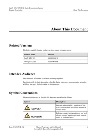 About This Document
Related Versions
The following table lists the product versions related to this document.
Product Name Version
OptiX RTN 905 V100R006C10
iManager U2000 V200R001C00
Intended Audience
This document is intended for network planning engineers.
Familiarity with the basic knowledge related to digital microwave communication technology
will help you apply the information in this document.
Symbol Conventions
The symbols that may be found in this document are defined as follows.
Symbol Description
Indicates a hazard with a high level of risk,
which if not avoided, will result in death or
serious injury.
Indicates a hazard with a medium or low level
of risk, which if not avoided, could result in
minor or moderate injury.
OptiX RTN 905 1E/2E Radio Transmission System
Product Description About This Document
Issue 01 (2013-12-15) Huawei Proprietary and Confidential
Copyright © Huawei Technologies Co., Ltd.
ii
 