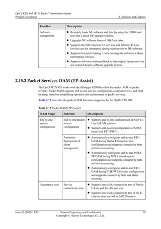 Function Description
Software
management
l Remotely loads NE software and data by using the U2000 and
provides a quick NE upgrade solution.
l Upgrades NE software from a USB flash drive.
l Supports the NSF function. E1 services and Ethernet E-Line
services are not interrupted during warm resets on NE software.
l Supports hot patch loading. Users can upgrade software without
interrupting services.
l Supports software version rollback so that original system services
are restored despite software upgrade failures.
2.15.2 Packet Services OAM (TP-Assist)
The OptiX RTN 905 works with the iManager U2000 to allow hierarchy OAM of packet
services. Packet OAM supports end-to-end service configuration, acceptance tests, and fault
locating, therefore simplifying operation and maintenance of packet services.
Table 2-15 describes the packet OAM functions supported by the OptiX RTN 905.
Table 2-15 Packet OAM (TP-Assist)
OAM Stage Subitem Description
End-to-end
service
configuration
End-to-end packet
service
configuration
l Supports end-to-end configuration of Native E-
Line/E-LAN services.
l Supports end-to-end configuration of MPLS
tunnel and ETH PWE3.
Automatic
deployment of
alarm
management
l Automatically configures end-to-end ETH
OAM during Native Ethernet service
configuration and supports connectivity tests
and alarm reporting.
l Automatically configures end-to-end MPLS-
TP OAM during MPLS tunnel service
configuration and supports connectivity tests
and alarm reporting.
l Automatically configures end-to-end ETH-
OAM during ETH PWE3 service configuration
and supports connectivity tests and alarm
reporting.
Acceptance tests Service
connectivity tests
l Supports one-click connectivity test of Native
E-Line and E-LAN services.
l Supports one-click connectivity test of the E-
Line services carried by MPLS tunnels.
OptiX RTN 905 1E/2E Radio Transmission System
Product Description 2 Functions and Features
Issue 01 (2013-12-15) Huawei Proprietary and Confidential
Copyright © Huawei Technologies Co., Ltd.
28
 