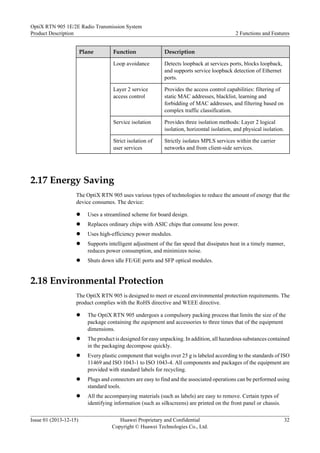 Plane Function Description
Loop avoidance Detects loopback at services ports, blocks loopback,
and supports service loopback detection of Ethernet
ports.
Layer 2 service
access control
Provides the access control capabilities: filtering of
static MAC addresses, blacklist, learning and
forbidding of MAC addresses, and filtering based on
complex traffic classification.
Service isolation Provides three isolation methods: Layer 2 logical
isolation, horizontal isolation, and physical isolation.
Strict isolation of
user services
Strictly isolates MPLS services within the carrier
networks and from client-side services.
2.17 Energy Saving
The OptiX RTN 905 uses various types of technologies to reduce the amount of energy that the
device consumes. The device:
l Uses a streamlined scheme for board design.
l Replaces ordinary chips with ASIC chips that consume less power.
l Uses high-efficiency power modules.
l Supports intelligent adjustment of the fan speed that dissipates heat in a timely manner,
reduces power consumption, and minimizes noise.
l Shuts down idle FE/GE ports and SFP optical modules.
2.18 Environmental Protection
The OptiX RTN 905 is designed to meet or exceed environmental protection requirements. The
product complies with the RoHS directive and WEEE directive.
l The OptiX RTN 905 undergoes a compulsory packing process that limits the size of the
package containing the equipment and accessories to three times that of the equipment
dimensions.
l The product is designed for easy unpacking. In addition, all hazardous substances contained
in the packaging decompose quickly.
l Every plastic component that weighs over 25 g is labeled according to the standards of ISO
11469 and ISO 1043-1 to ISO 1043-4. All components and packages of the equipment are
provided with standard labels for recycling.
l Plugs and connectors are easy to find and the associated operations can be performed using
standard tools.
l All the accompanying materials (such as labels) are easy to remove. Certain types of
identifying information (such as silkscreens) are printed on the front panel or chassis.
OptiX RTN 905 1E/2E Radio Transmission System
Product Description 2 Functions and Features
Issue 01 (2013-12-15) Huawei Proprietary and Confidential
Copyright © Huawei Technologies Co., Ltd.
32
 