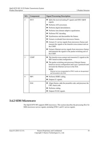 NO. Component Signal Processing Description
2 ISV3 l Splits the received analog IF signals and ODU O&M
signals.
l Performs A/D conversion.
l Performs digital demodulation.
l Performs time domain adaptive equalization.
l Performs FEC decoding.
l Synchronizes and descrambles the frames.
l Extracts overheads from microwave frames.
l Extracts E1 service signals from microwave frames and
transmit the signals to the timeslot cross-connect unit on
the CSHP.
l Extracts Ethernet service signals from microwave frames
and transmits the signals to the packet switching unit of
the CSHP.
3 CSHP l The timeslot cross-connect unit transmits E1 signals to the
MP1 based on data configuration.
l The packet switching unit processes Ethernet frames
based on service configuration and Layer 2 protocols and
forwards the Ethernet services to the EG6.
NOTE
Ethernet services encapsulated in PWE3 mode are decapsulated
and forwarded to the EG6.
4 MP1 l Performs HDB3 coding.
l Outputs E1 signals.
EG6 l Aligns frames, adds the preamble code, and processes the
CRC check code.
l Performs coding.
l Outputs FE/GE signals.
3.4.2 SDH Microwave
The OptiX RTN 905 supports SDH microwave. This section describes the processing flow for
SDH microwave service signals, including STM-1 and E1 service signals.
OptiX RTN 905 1E/2E Radio Transmission System
Product Description 3 Product Structure
Issue 01 (2013-12-15) Huawei Proprietary and Confidential
Copyright © Huawei Technologies Co., Ltd.
43
 