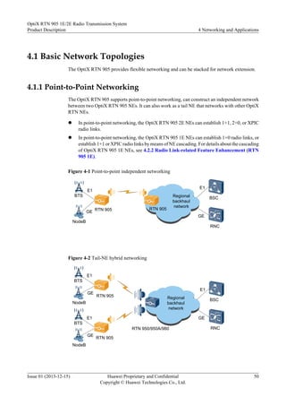 4.1 Basic Network Topologies
The OptiX RTN 905 provides flexible networking and can be stacked for network extension.
4.1.1 Point-to-Point Networking
The OptiX RTN 905 supports point-to-point networking, can construct an independent network
between two OptiX RTN 905 NEs. It can also work as a tail NE that networks with other OptiX
RTN NEs.
l In point-to-point networking, the OptiX RTN 905 2E NEs can establish 1+1, 2+0, or XPIC
radio links.
l In point-to-point networking, the OptiX RTN 905 1E NEs can establish 1+0 radio links, or
establish 1+1 or XPIC radio links by means of NE cascading. For details about the cascading
of OptiX RTN 905 1E NEs, see 4.2.2 Radio Link-related Feature Enhancement (RTN
905 1E).
Figure 4-1 Point-to-point independent networking
BSC
E1
E1
BTS Regional
backhaul
network
NodeB
GE
GE
RNC
RTN 905 RTN 905
Figure 4-2 Tail-NE hybrid networking
BSC
E1
E1
BTS
Regional
backhaul
network
NodeB
GE
GE
RNC
E1
BTS
NodeB
GE
RTN 905
RTN 905
RTN 950/950A/980
OptiX RTN 905 1E/2E Radio Transmission System
Product Description 4 Networking and Applications
Issue 01 (2013-12-15) Huawei Proprietary and Confidential
Copyright © Huawei Technologies Co., Ltd.
50
 