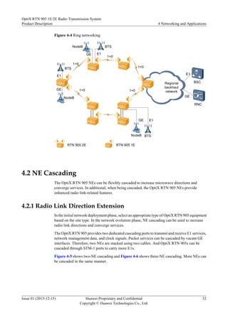Figure 4-4 Ring networking
BSC
E1
E1
BTS
1+0
NodeB
GE
GE
RNC
1+0
1+0
1+0
1+0
E1
BTS
NodeB
GE
Regional
backhaul
network
RTN 905 2E
E1
BTS
NodeB
GE
RTN 905 1E
4.2 NE Cascading
The OptiX RTN 905 NEs can be flexibly cascaded to increase microwave directions and
converge services. In additional, when being cascaded, the OptiX RTN 905 NEs provide
enhanced radio link-related features.
4.2.1 Radio Link Direction Extension
In the initial network deployment phase, select an appropriate type of OptiX RTN 905 equipment
based on the site type. In the network evolution phase, NE cascading can be used to increase
radio link directions and converge services.
The OptiX RTN 905 provides two dedicated cascading ports to transmit and receive E1 services,
network management data, and clock signals. Packet services can be cascaded by vacant GE
interfaces. Therefore, two NEs are stacked using two cables. And OptiX RTN 905s can be
cascaded through STM-1 ports to carry more E1s.
Figure 4-5 shows two-NE cascading and Figure 4-6 shows three-NE cascading. More NEs can
be cascaded in the same manner.
OptiX RTN 905 1E/2E Radio Transmission System
Product Description 4 Networking and Applications
Issue 01 (2013-12-15) Huawei Proprietary and Confidential
Copyright © Huawei Technologies Co., Ltd.
52
 
