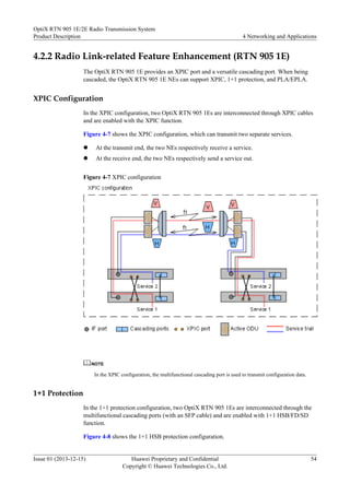 4.2.2 Radio Link-related Feature Enhancement (RTN 905 1E)
The OptiX RTN 905 1E provides an XPIC port and a versatile cascading port. When being
cascaded, the OptiX RTN 905 1E NEs can support XPIC, 1+1 protection, and PLA/EPLA.
XPIC Configuration
In the XPIC configuration, two OptiX RTN 905 1Es are interconnected through XPIC cables
and are enabled with the XPIC function.
Figure 4-7 shows the XPIC configuration, which can transmit two separate services.
l At the transmit end, the two NEs respectively receive a service.
l At the receive end, the two NEs respectively send a service out.
Figure 4-7 XPIC configuration
NOTE
In the XPIC configuration, the multifunctional cascading port is used to transmit configuration data.
1+1 Protection
In the 1+1 protection configuration, two OptiX RTN 905 1Es are interconnected through the
multifunctional cascading ports (with an SFP cable) and are enabled with 1+1 HSB/FD/SD
function.
Figure 4-8 shows the 1+1 HSB protection configuration.
OptiX RTN 905 1E/2E Radio Transmission System
Product Description 4 Networking and Applications
Issue 01 (2013-12-15) Huawei Proprietary and Confidential
Copyright © Huawei Technologies Co., Ltd.
54
 