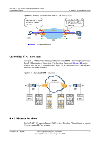 Figure 4-17 Adaptive synchronization mode of CES service clocks
BTS BSC
PE PE
CES
E1 E1
Extracts the clock from the
E1 signal and add the
clock information to the
CES service.
Recovers the E1 signal
clock from the CES
service.
Clock synchronization
Channelized STM-1 Emulation
The OptiX RTN 905 supports the transparent transmission of STM-1 services in packet networks
through CES emulation of channelized STM-1 services. As shown in Figure 4-18, section
overhead bytes and 63xE1 signals in STM-1 frames can be encapsulated into CES services for
transmission in packet networks.
Figure 4-18 Channelized STM-1 emulation
Packet
MW Network
SDH SDH
E1 E1
E1
PW
E1x
PW
...
OH
PW
E1
E1x
...
E1
E1x
...
E1
PW
E1x
PW
...
OH
PW
STM-1
OH
E1
E1x
...
STM-1
OH
E1
E1x
...
4.3.2 Ethernet Services
The OptiX RTN 905 supports Ethernet PWE3 services. Therefore, PWs can be used to transmit
E-Line services and E-Aggr services.
OptiX RTN 905 1E/2E Radio Transmission System
Product Description 4 Networking and Applications
Issue 01 (2013-12-15) Huawei Proprietary and Confidential
Copyright © Huawei Technologies Co., Ltd.
62
 