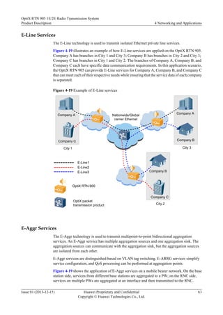 E-Line Services
The E-Line technology is used to transmit isolated Ethernet private line services.
Figure 4-19 illustrates an example of how E-Line services are applied on the OptiX RTN 905.
Company A has branches in City 1 and City 3; Company B has branches in City 2 and City 3;
Company C has branches in City 1 and City 2. The branches of Company A, Company B, and
Company C each have specific data communication requirements. In this application scenario,
the OptiX RTN 905 can provide E-Line services for Company A, Company B, and Company C
that can meet each of their respective needs while ensuring that the service data of each company
is separated.
Figure 4-19 Example of E-Line services
Nationwide/Global
carrier Ethernet
Company A
Company B
City 3
Company C
City 1
Company A
Company C
Company B
City 2
E-Line1
E-Line2
E-Line3
OptiX RTN 900
OptiX packet
transmission product
E-Aggr Services
The E-Aggr technology is used to transmit multipoint-to-point bidirectional aggregation
services. An E-Aggr service has multiple aggregation sources and one aggregation sink. The
aggregation sources can communicate with the aggregation sink, but the aggregation sources
are isolated from each other.
E-Aggr services are distinguished based on VLAN tag switching. E-ARRG services simplify
service configuration, and QoS processing can be performed at aggregation points.
Figure 4-19 shows the application of E-Aggr services on a mobile bearer network. On the base
station side, services from different base stations are aggregated to a PW; on the RNC side,
services on multiple PWs are aggregated at an interface and then transmitted to the RNC.
OptiX RTN 905 1E/2E Radio Transmission System
Product Description 4 Networking and Applications
Issue 01 (2013-12-15) Huawei Proprietary and Confidential
Copyright © Huawei Technologies Co., Ltd.
63
 