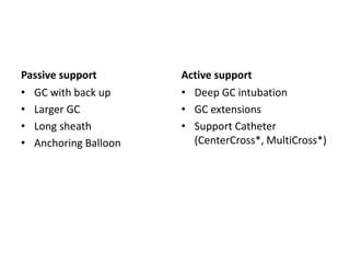 Passive support
• GC with back up
• Larger GC
• Long sheath
• Anchoring Balloon
Active support
• Deep GC intubation
• GC extensions
• Support Catheter
(CenterCross*, MultiCross*)
 