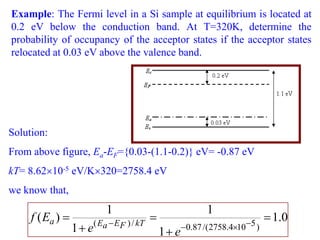 Example: The Fermi level in a Si sample at equilibrium is located at
0.2 eV below the conduction band. At T=320K, determine the
probability of occupancy of the acceptor states if the acceptor states
relocated at 0.03 eV above the valence band.




Solution:
From above figure, Ea-EF={0.03-(1.1-0.2)} eV= -0.87 eV
kT= 8.6210-5 eV/K320=2758.4 eV
we know that,
                             1                                 1
     f ( Ea )           ( Ea  E F ) / kT
                                                                                 1.0
                  1 e                                  0.87 /( 2758.4105 )
                                                 1 e
 