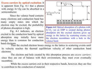 Excess carriers by optical excitation: It
is apparent from Fig. 4-1 that a photon
with energy hv>Eg can be absorbed in a
semiconductor.
          Since the valence band contains
many electrons and conduction band has
many empty states into which the
electron may be excited, the probability
of photon absorption is high.                 Figure 4-1 Optical absorption of a photon with
                                              hv>Eg: (a) an EHP is created during photon
          Fig. 4-1 indicates, an electron
                                              absorption (b) the excited electron gives up
excited to the conduction band by optical energy to the lattice by scattering events; (c)
absorption may initially have more the electron recombines with a hole in the
energy than is common for conduction valence band.
band electrons.
          Thus the excited electron losses energy to the lattice in scattering events until
 its velocity reaches the thermal equilibrium velocity of other conduction band
 electrons.
          The electron and hole created by this absorption process are excess carriers:
 since they are out of balance with their environment, they must even eventually
 recombine.
          While the excess carriers exit in their respective bands, however, they are free
 to contribute to the conduction of material.
 