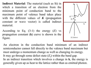 Indirect Material: The material (such as Si) in
which a transition of an electron from the
minimum point of conduction band to the
maximum point of valence band takes place
with the different values of K (propagation
constant or wave vector) is called indirect
material.
According to Eq. (3-1) the energy (E) vs
propagation constant (k) curve is shown in the
figure.

An electron in the conduction band minimum of an indirect
semiconductor cannot fall directly to the valence band maximum but
must undergo a momentum change as well as changing its energy.
It may go through some defect state (Et) within the band gap.
In an indirect transition which involves a change in k, the energy is
generally given up as heat to the lattice rather than as emitted photon.
 