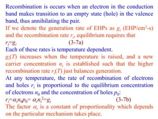Recombination is occurs when an electron in the conduction
band makes transition to an empty state (hole) in the valence
b...