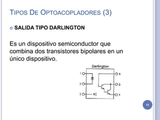 TIPOS DE OPTOACOPLADORES (3)
 SALIDA TIPO DARLINGTON
Es un dispositivo semiconductor que
combina dos transistores bipolares en un
único dispositivo.
11
 