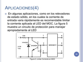 APLICACIONES(4)
 En algunas aplicaciones, como en los relevadores
de estado sólido, en los cuales la corriente de
entrada varia rápidamente es recomendable limitar
la corriente aplicada al LED del MOC. La figura 5
muestra un circuito de protección para manejar
apropiadamente al LED
Figura 5. Limitar Corriente en MOC
21
 