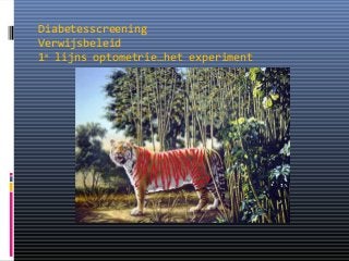 Diabetesscreening
Verwijsbeleid
1e lijns optometrie…het experiment
 