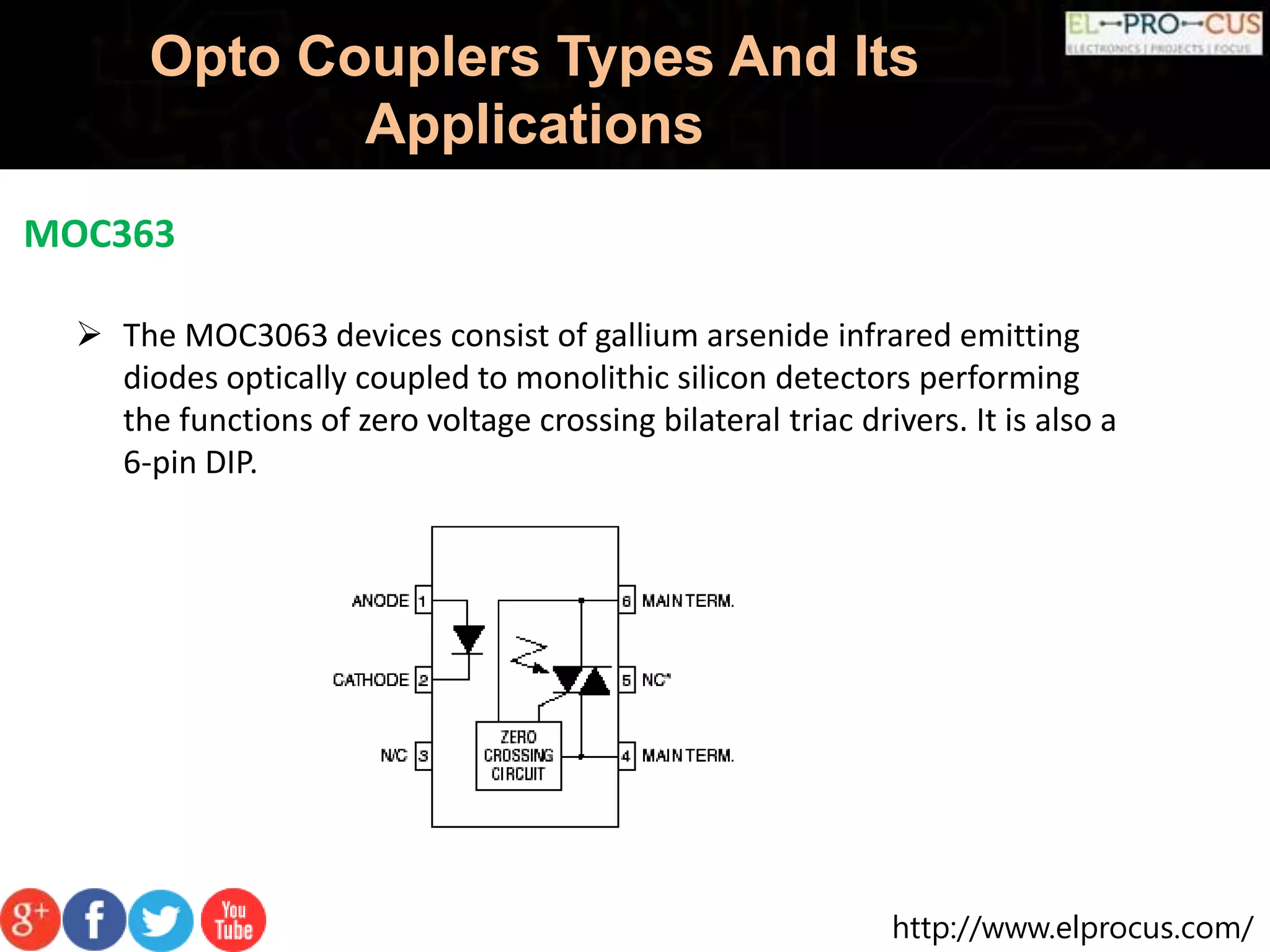 http://www.elprocus.com/
Opto Couplers Types And Its
Applications
MOC363
 The MOC3063 devices consist of gallium arsenide infrared emitting
diodes optically coupled to monolithic silicon detectors performing
the functions of zero voltage crossing bilateral triac drivers. It is also a
6-pin DIP.
 