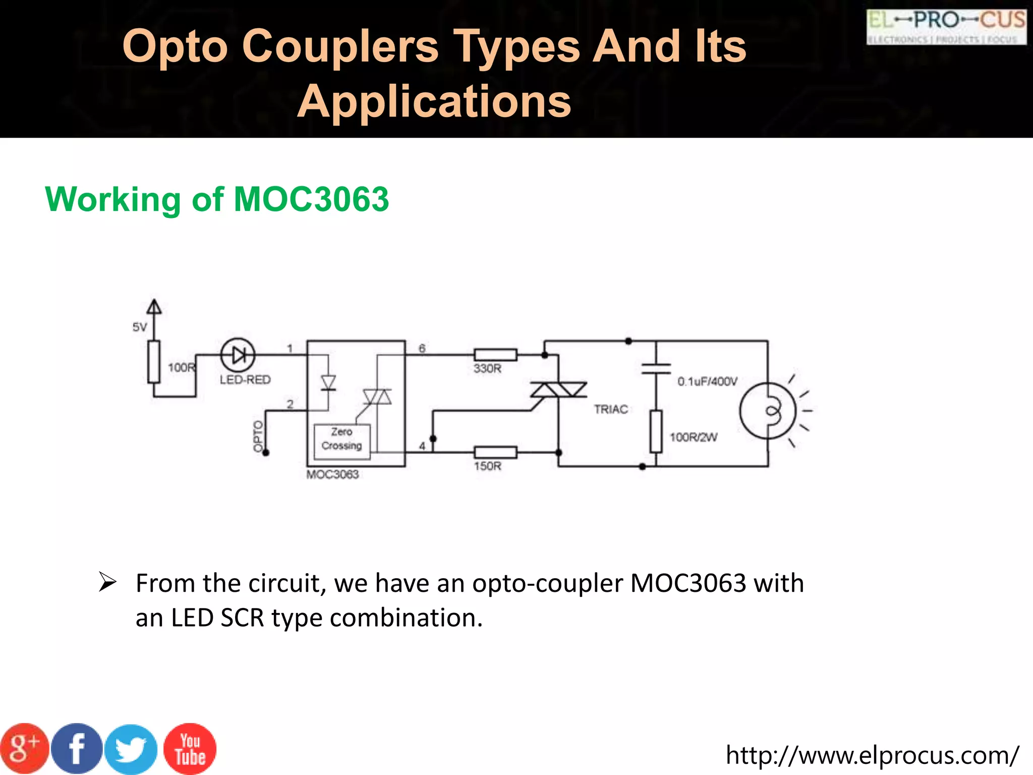 http://www.elprocus.com/
Opto Couplers Types And Its
Applications
Working of MOC3063
 From the circuit, we have an opto-coupler MOC3063 with
an LED SCR type combination.
 