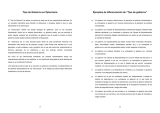 Tipo de Gobierno en Optocracia 
El “Tipo de Gobierno” se refiere al conjunto de cada una de sus características definidas. Es 
un concepto importante para entender la Optocracia y novedoso debido a que no esta 
desarrollado en la Democracia. 
La “Democracia” admite una amplia tipología de gobiernos, pero no las encuadra 
formalmente. Dentro de un sistema democrático, un gobierno puede, una vez asumido el 
poder, adoptar cualquier tipo de políticas y el gobierno que le suceda (o incluso el mismo 
gobierno) puede adoptar políticas totalmente contrapuestas. 
En Optocracia, las 2 o más opciones tienen dentro de cada Constitución Particular una 
delimitación más estricta de las políticas a seguir. Estos límites más estrictos son lo que 
garantizan a cada ciudadano, que el gobierno por el que optó tendrá las características en 
términos generales de su preferencia y que sus políticas tendrán continuidad 
independientemente de las personas que las ejecutan. 
Así como en las Democracias partidarias, los partidos representativos tienen sus 
características definidas en sus estatutos, en una Optocracia cada gobierno tiene definidas las 
suyas en su Constitución Particular. 
Una Optocracia podría surgir de la evolución en gobiernos simultáneos e independientes de 
los partidos representativos de una “Democracia”, en la medida que estos tengan diferencias 
sustantivas y no solo de discurso. 
19 
Ejemplos de diferenciación de “Tipo de gobierno” 
a) Un gobierno con mayores restricciones a la aplicación de políticas cortoplacistas o 
su contraparte un gobierno con menores restricciones a la aplicación de políticas 
cortoplacistas. 
b) Un gobierno con Cámara de Representantes multitudinaria elegidos mediante listas 
sábanas partidarias o su contraparte un gobierno con Cámara de Representantes 
reducida (30 miembros) elegidos individualmente con poder de voto proporcional a 
la cantidad de electores. 
c) Un gobierno con representantes que deban cumplir leves condiciones (formación, 
edad, nacionalidad, localía, antecedentes penales, etc.) o su contraparte un 
gobierno en el que los representantes deban cumplir exigentes condiciones. 
d) Un gobierno con políticas “liberales” o su contraparte un gobierno con políticas 
20 
“conservadoras” 
e) Un gobierno con Cámara de Representantes en la que el debate sea discursivo, in 
situ, emotivo, gestual, a viva voz, con quórum o su contraparte un gobierno con 
Cámara de Representantes en la que el debate sea por escrito, conceptual, 
meditado, con voto de todos los representantes sin necesidad de presencia física. 
f) Un gobierno conforme a una República de 3 Poderes y su contraparte un gobierno 
conforme a una República ampliada (ver anexo). 
g) Un gobierno en el que los ciudadanos puedan ser independientes o trabajar en 
relación de dependencia o su contraparte un gobierno en el que todos los 
ciudadanos trabajan sin relación de dependencia, asumiendo el gobierno (liberando 
a los empleadores) la tarea y responsabilidad de la recaudación impositiva y de los 
fondos de seguridad social y riesgos del trabajo. 
h) Un gobierno que emita una sola moneda o su contraparte un gobierno que emita 
una moneda de uso corriente y otra moneda exclusiva para el pago de impuestos y 
cargas sociales. 
 