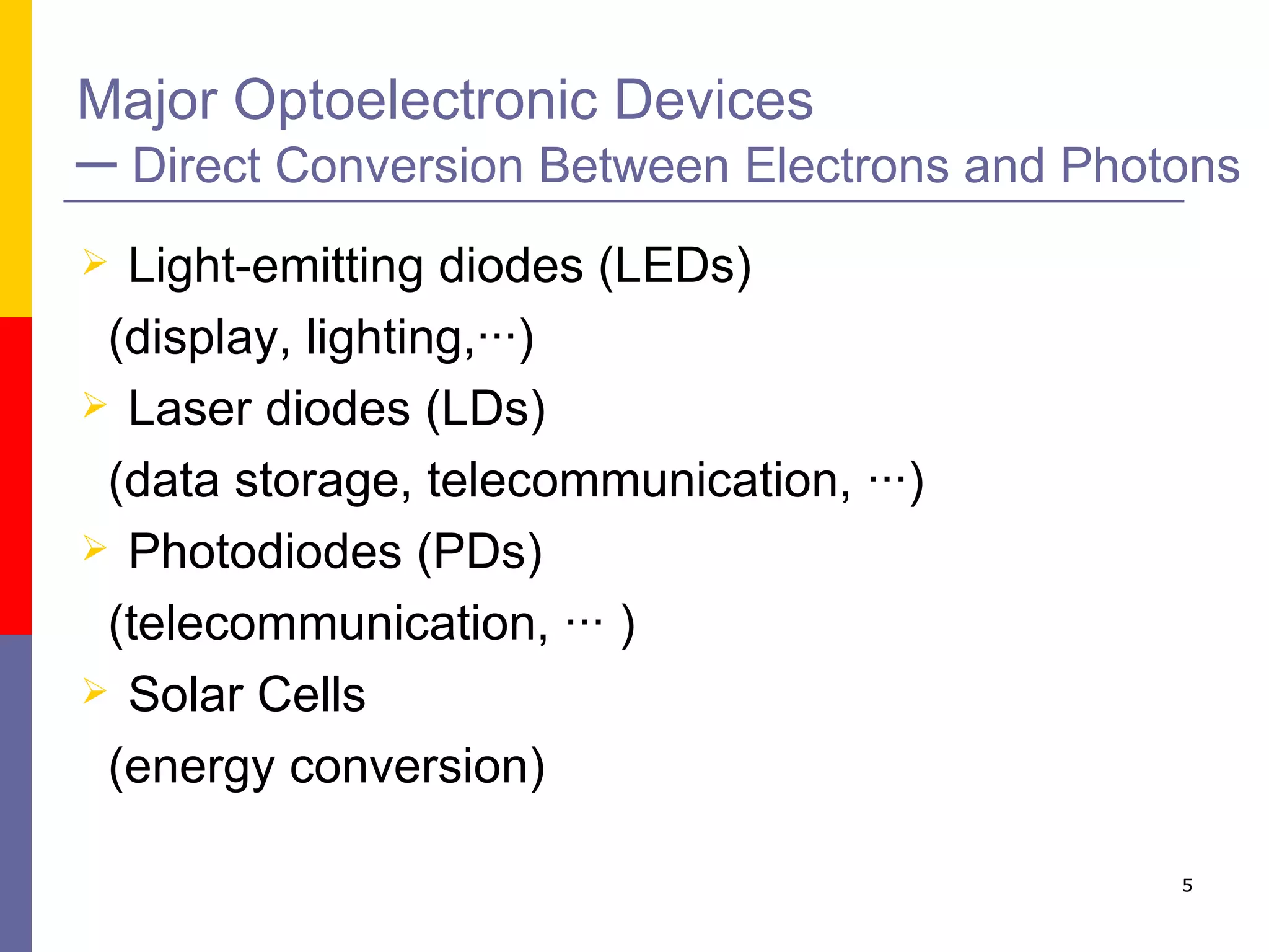 Major Optoelectronic Devices ─  Direct Conversion Between Electrons and Photons Light-emitting diodes (LEDs) (display, lighting,···) Laser diodes (LDs) (data storage, telecommunication, ···) Photodiodes (PDs) (telecommunication, ··· ) Solar Cells  (energy conversion) 