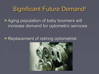 Significant Future Demand!
► Aging population of baby boomers will

increase demand for optometric services

► Replacement of retiring optometrist

 