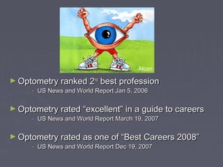 Go eyes!

Alcon

► Optometry ranked 2nd
-

best profession

US News and World Report Jan 5, 2006

► Optometry rated “excellent” in a guide to careers
-

US News and World Report March 19, 2007

► Optometry rated as one of “Best Careers 2008”
-

US News and World Report Dec 19, 2007

 