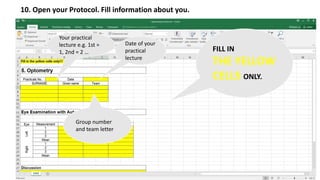 10. Open your Protocol. Fill information about you.
Your practical
lecture e.g. 1st =
1, 2nd = 2 …
Date of your
practical
lecture
Group number
and team letter
FILL IN
THE YELLOW
CELLS ONLY.
 