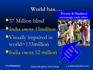 World has….
                                             Poverty & blindness
                                            encourage each other
 37 Million blind

 India owns 15million

 Visually impaired in
  world=133million
 India owns 52 million


Ph:09868010187   Rajesh Wadhwa- New Delhi       r_wadhwa@yahoo.com
 