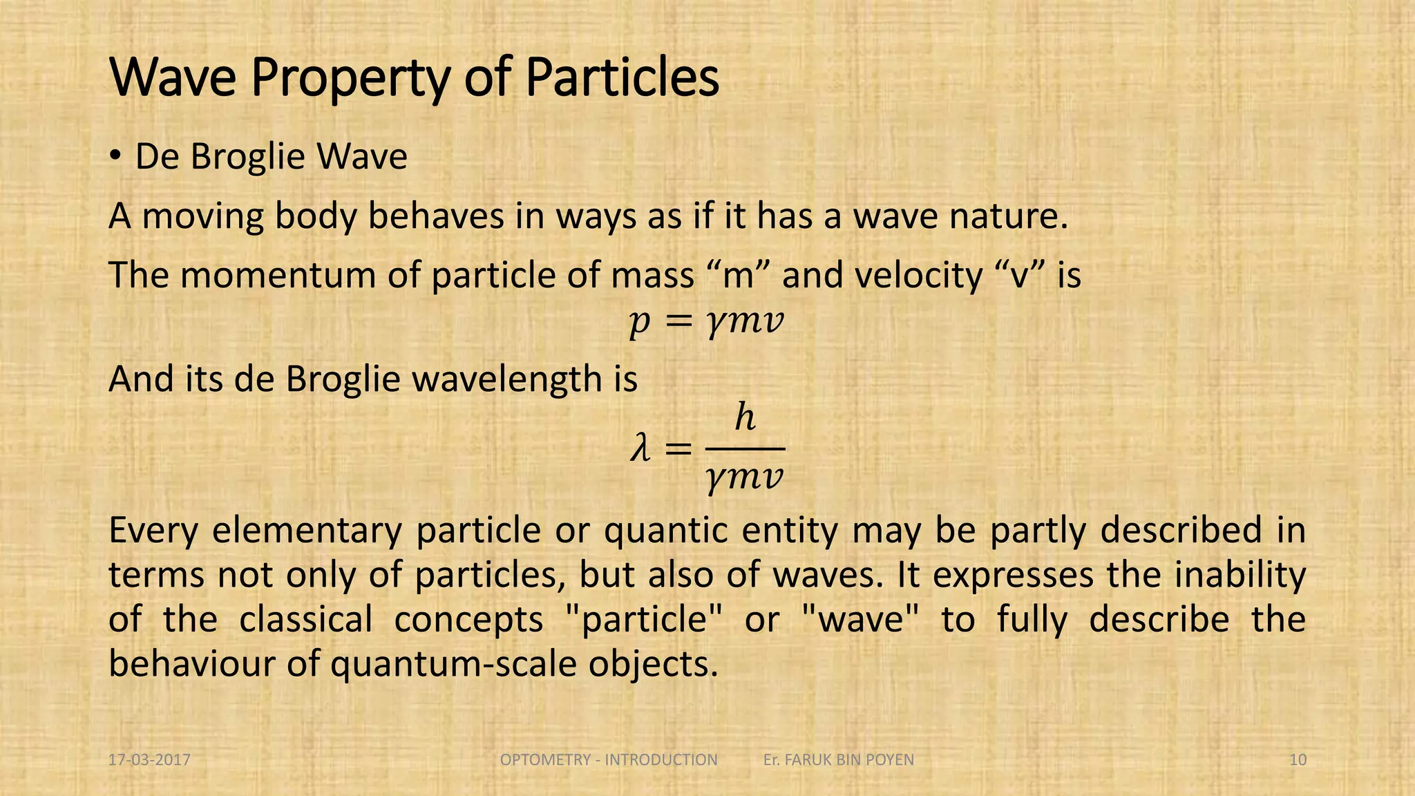 Principle of Superposition
 For all linear systems, the net response at a given place and time caused by two or
more stimuli is the sum of the responses which would have been caused by each
stimulus individually.
 The resultant displacement of two simultaneous waves (blue and green) is the
algebraic sum of the two displacements.
10
Constructive Interference Destructive Interference
The superposition of two coherent light waves results in light and dark fringes on a screen.
 