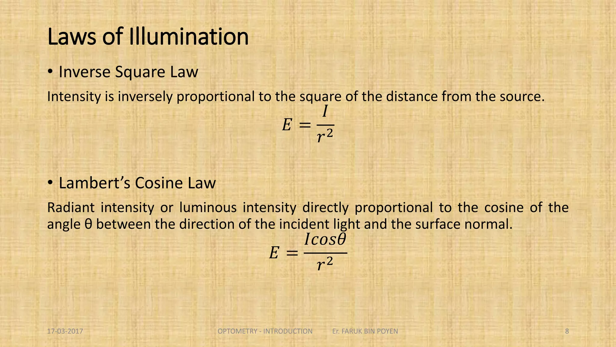 Terms related to Photometry
 Point Source
 Solid Angle
 Lumen
 Luminous Intensity
 Illumination
 Luminance
 Luminous Excitance
 Luminous Sterance
8
 