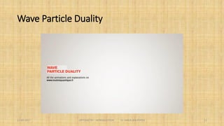 Wave Property of Particles
 De Broglie Wave
A moving body behaves in ways as if it has a wave nature.
The momentum of particle of mass “m” and velocity “v” is
𝑝 = 𝛾𝑚𝑣
And its de Broglie wavelength is
𝜆 =
ℎ
𝛾𝑚𝑣
Every elementary particle or quantic entity may be partly described in terms not only of
particles, but also of waves. It expresses the inability of the classical concepts "particle" or
"wave" to fully describe the behaviour of quantum-scale objects.
11
 