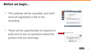 3
Before we begin...
• This webinar will be recorded, and we’ll
send all registrants a link to the
recording.
• There will be opportunities to respond to
polls and to ask us questions about the
product and our learnings.
 