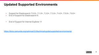 30
Updated Supported Environments
• Support for Elasticsearch 7.0.0+, 7.1.0+, 7.2.0+, 7.3.0+, 7.4.0+, 7.5.0+, 7.6.0+
• End of Support for Elasticsearch 6
• End of Support for Internet Explorer 11
https://docs.camunda.org/optimize/3.0/technical-guide/supported-environments/
 