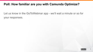 4
Poll: How familiar are you with Camunda Optimize?
Let us know in the GoToWebinar app - we’ll wait a minute or so for
your responses.
 