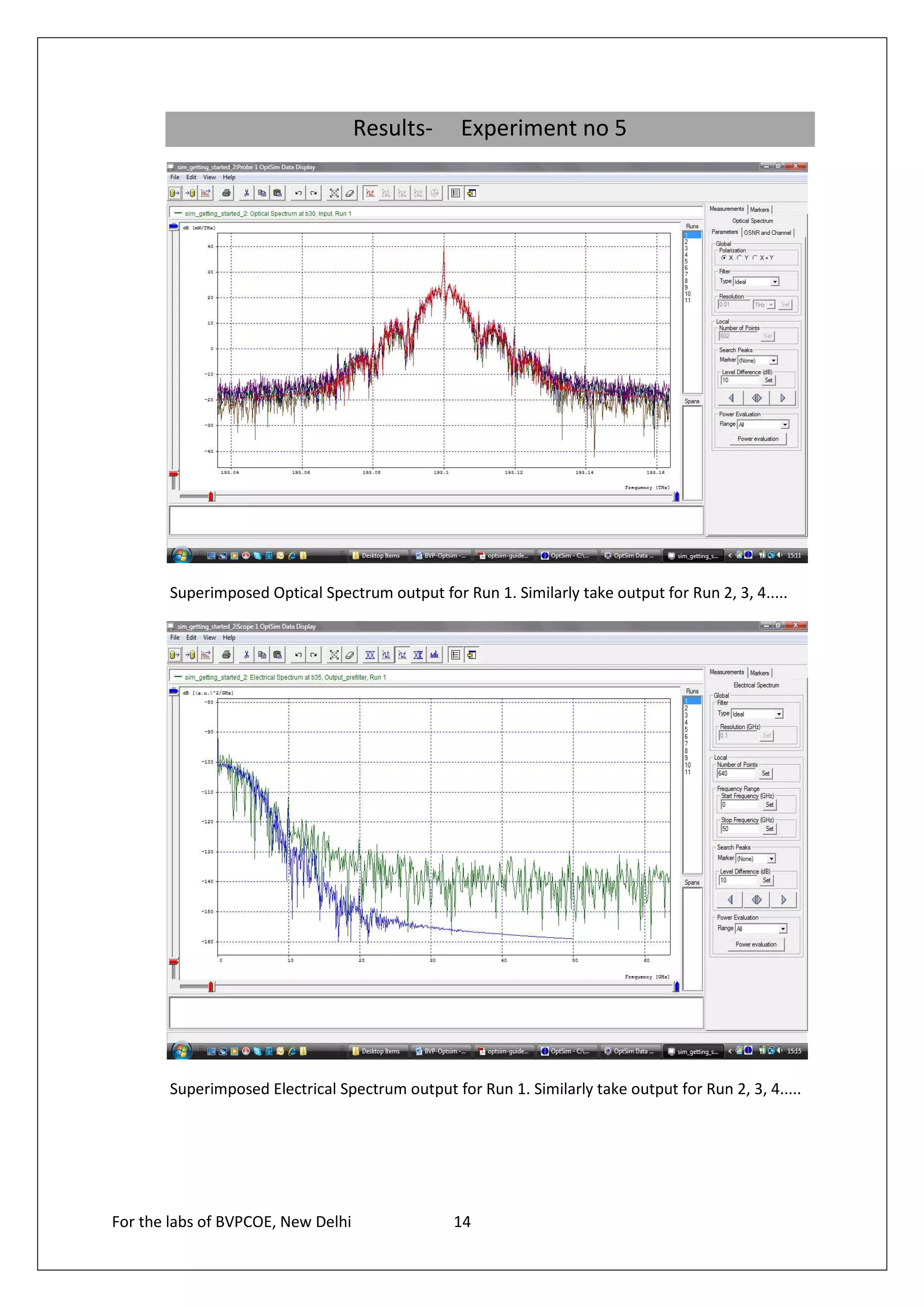 Results-     Experiment no 5




       Superimposed Optical Spectrum output for Run 1. Similarly take output for Run 2, 3, 4.....




       Superimposed Electrical Spectrum output for Run 1. Similarly take output for Run 2, 3, 4.....




For the labs of BVPCOE, New Delhi               14
 